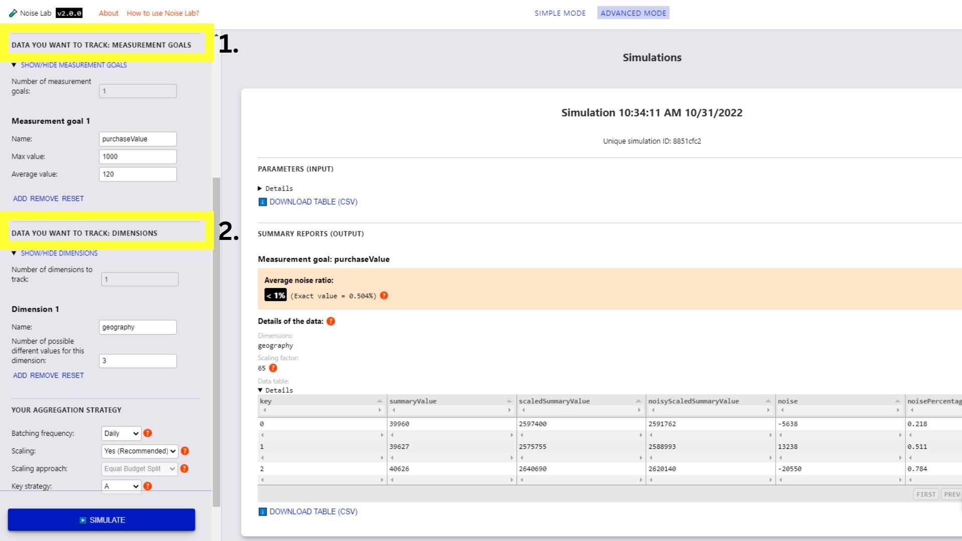 Mode lanjutan menawarkan kontrol untuk sasaran dan dimensi pengukuran yang akan dilacak, yang ditandai di sidebar.