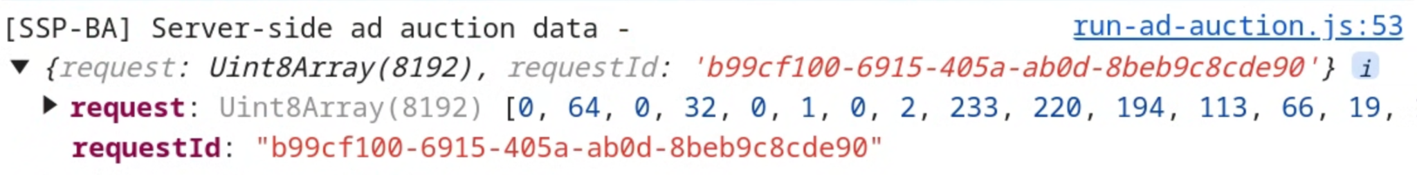 Screenshot Chrome DevTools yang menampilkan permintaan dan ID permintaan yang tersedia dalam data lelang iklan.