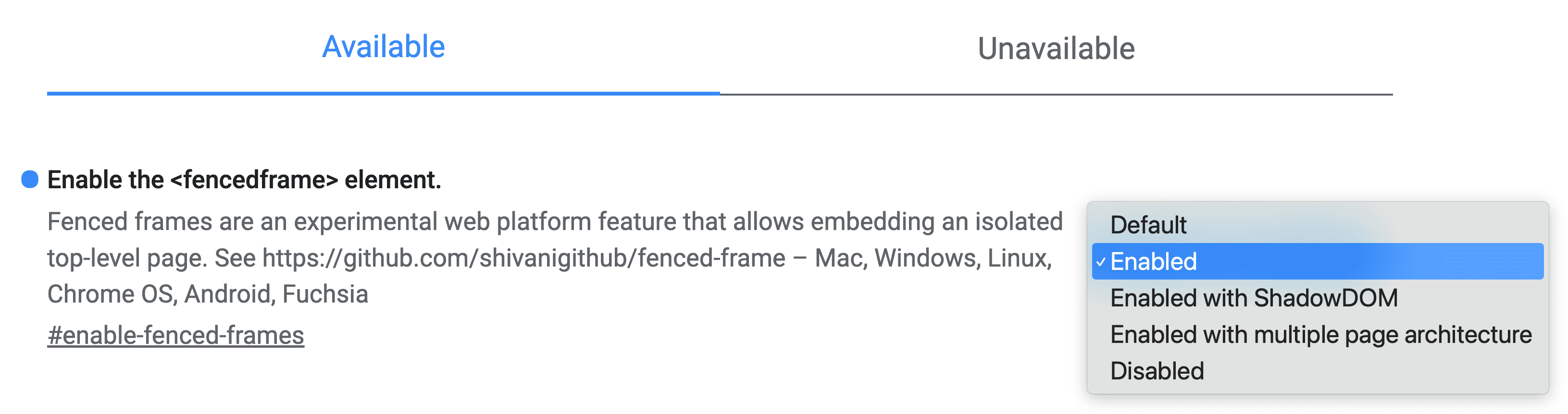 ใน Chrome Experiments ให้ตั้งค่าเป็น "เปิดใช้" สำหรับ Flag ที่ชื่อว่า "เปิดใช้องค์ประกอบเฟรมที่จำกัด"