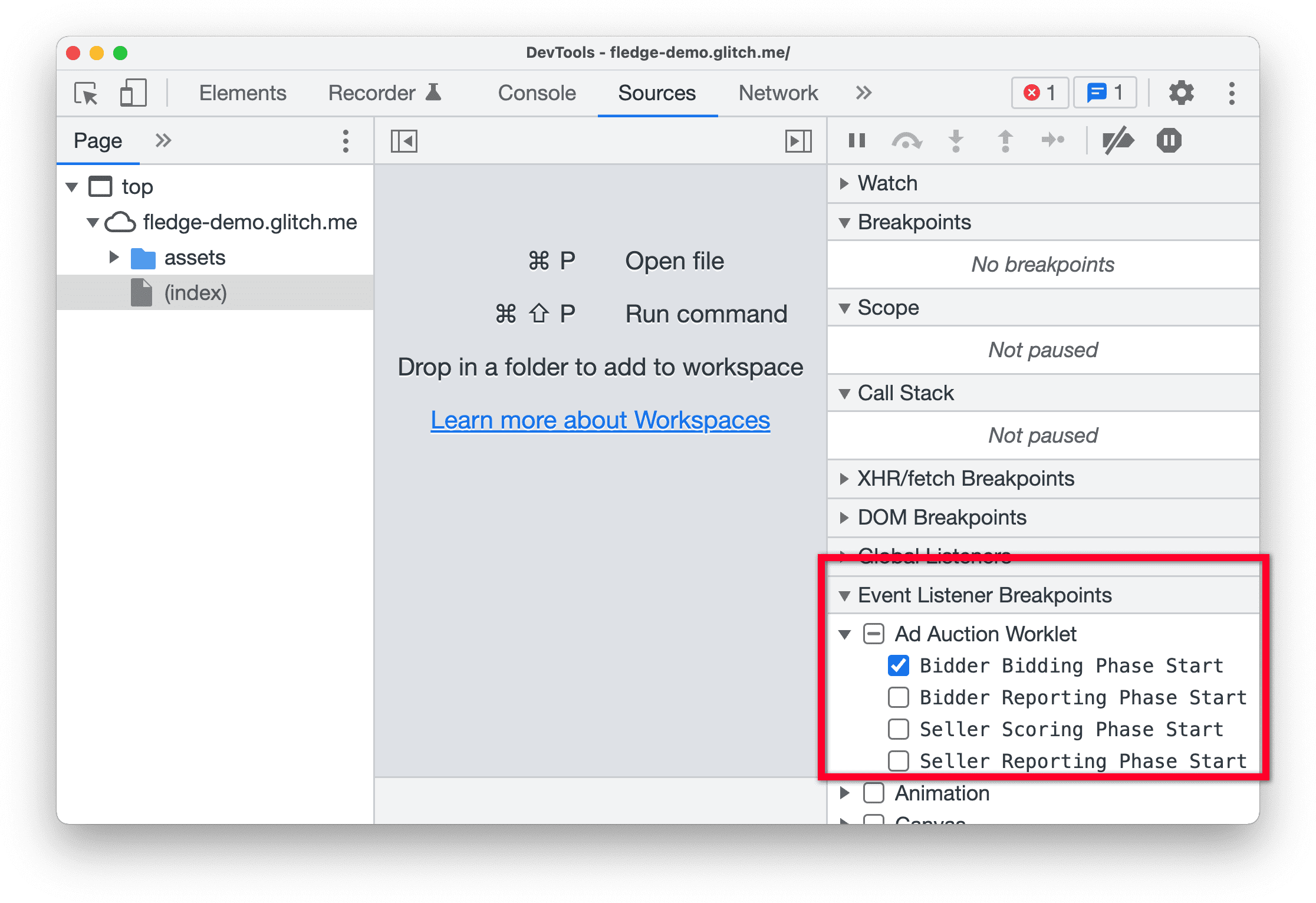 DevTools no Chrome Canary, destacando o painel "Pontos de interrupção dos listeners de eventos" no painel "Fontes". O início da fase de lances do bidder é selecionado no worklet de leilão de anúncios.