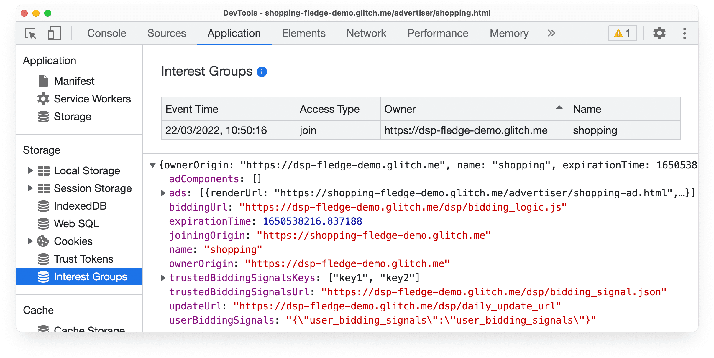 Protected Audience API ilgi alanı grubu katılma etkinliği hakkında bilgi gösteren DevTools Uygulama paneli.