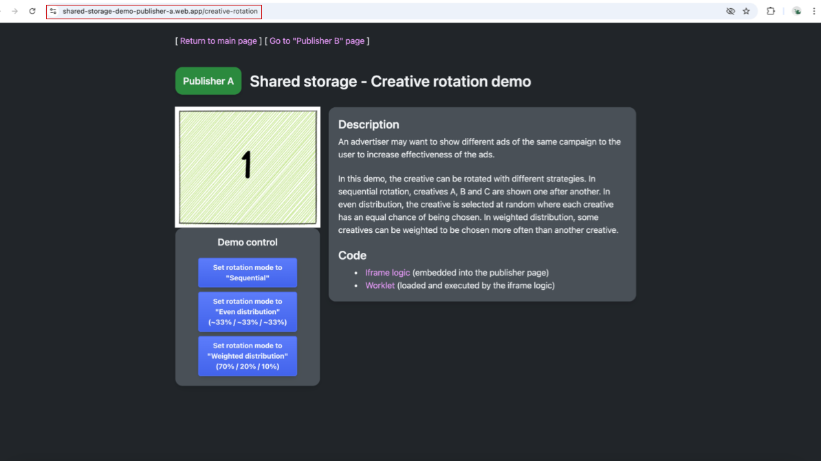 Zrzut ekranu przedstawiający zawartość strony wydawcy A https://shared-storage-demo-publisher-a.web.app/creative-rotation zawierającej element iframe z obrazem z liczbą 1 oraz elementy sterujące do wyboru strategii rotacji kreacji: sekwencyjnej, równomiernej i wagowej. Znajdziesz tam też obszar tekstowy z opisem różnych strategii rotacji kreacji oraz linkami do logiki iframe i workletu.