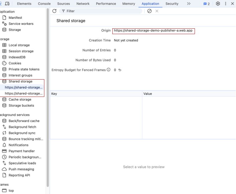 Una captura de pantalla que muestra Chrome DevTools, específicamente la sección Application, en la que se destacan las entradas de Shared Storage y se muestra el almacenamiento vacío del origen de "Publisher A" https://shared-storage-demo-publisher-a.web.app