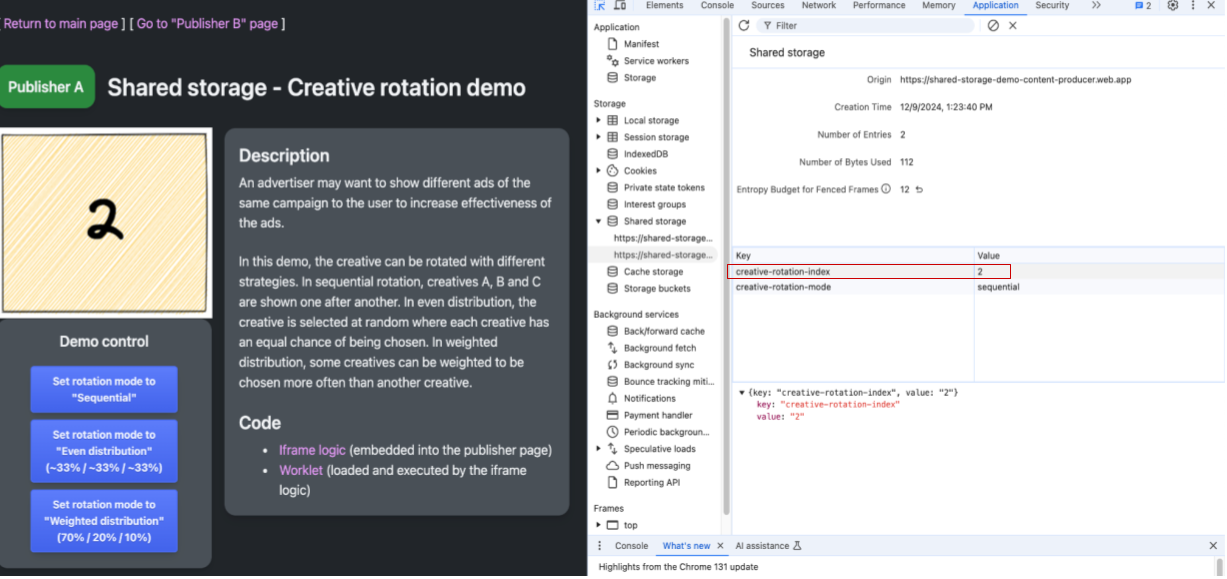 螢幕截圖：顯示「發布者 A」網頁，以及顯示「共用儲存空間」部分的 DevTools。網頁上的廣告素材標示為 2，而廣告素材輪播索引值則標示為 2，與顯示的廣告素材索引相符。目前的廣告素材輪播模式顯示為依序。