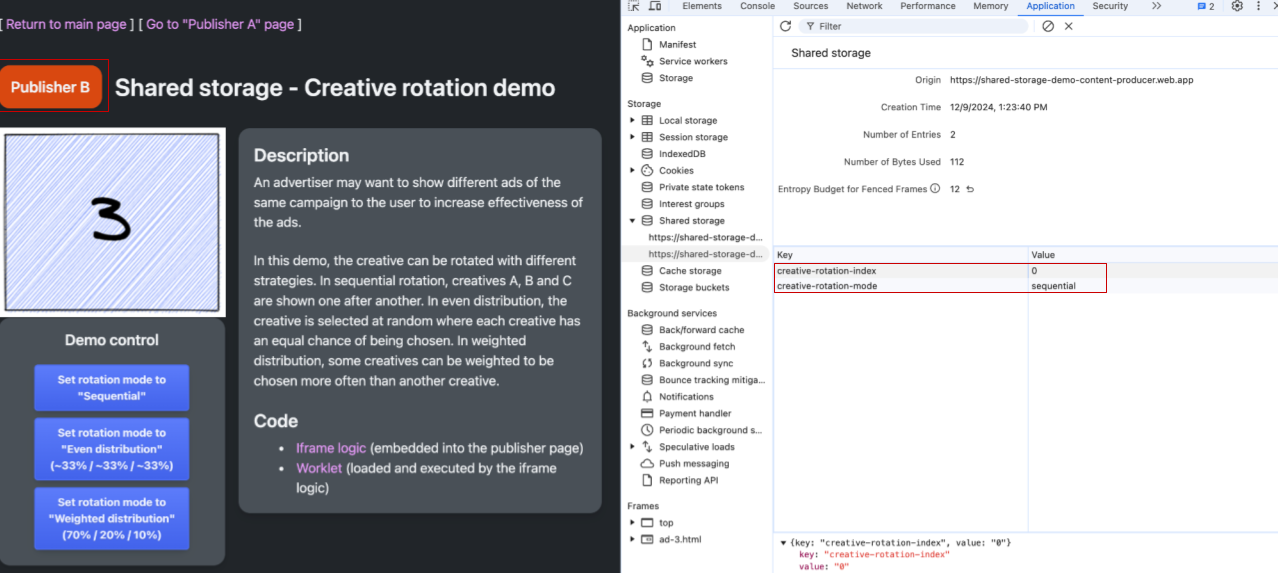 इस स्क्रीनशॉट में, "Publisher B" का वेबपेज दिखाया गया है. साथ ही, DevTools में https://shared-storage-demo-content-producer.web.app ऑरिजिन के लिए, Shared Storage सेक्शन दिखाया गया है. पेज पर क्रिएटिव को 3 के तौर पर दिखाया गया है. हाइलाइट किए गए क्रिएटिव-रोटेशन इंडेक्स की वैल्यू 3 है और क्रिएटिव-रोटेशन-मोड की वैल्यू सीक्वेंशियल है.
