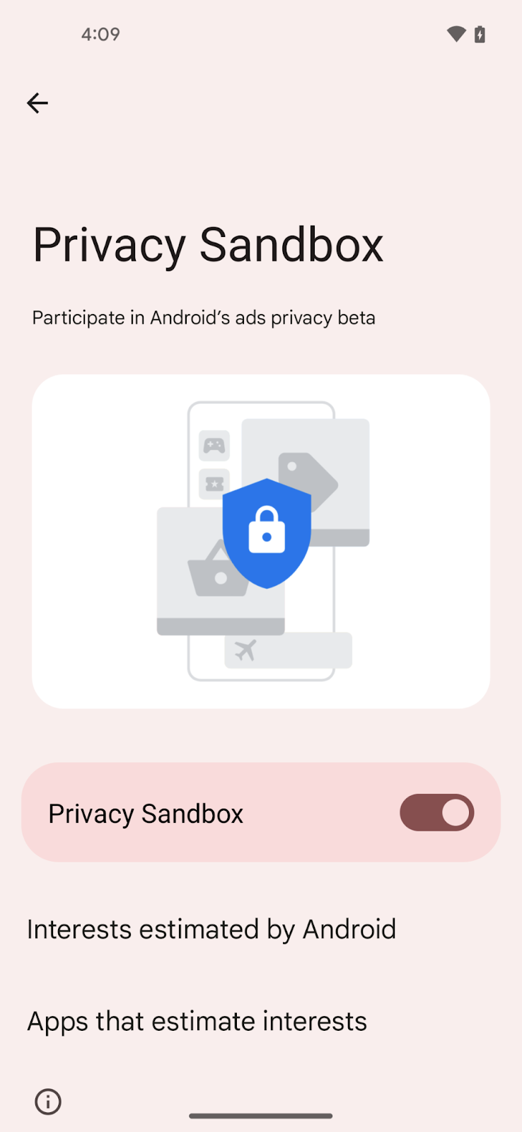 Halaman Android untuk mengalihkan Privacy Sandbox API beta di perangkat.