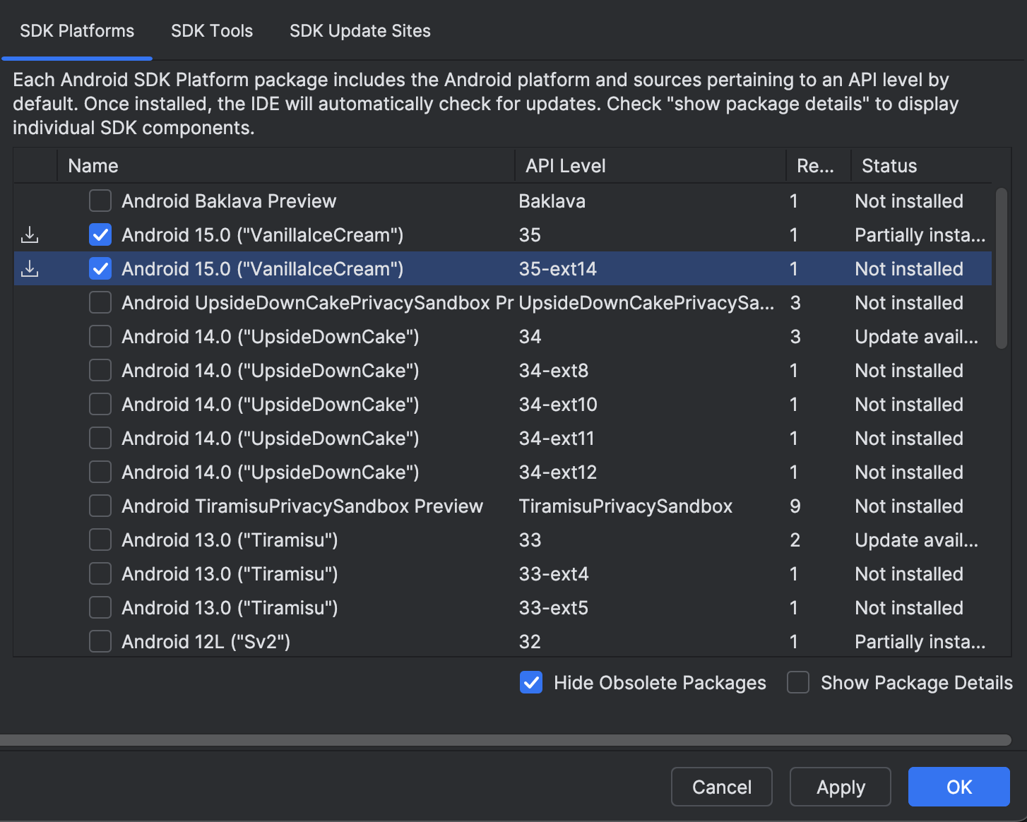 Android Studio SDK-Tools, in denen die Installation der neuesten Android API angezeigt wird