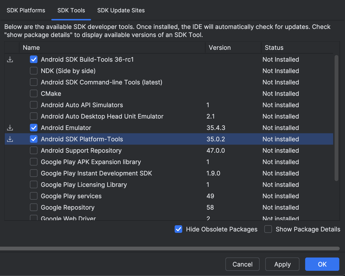Инструменты Android Studio SDK, показывающие установку новейших инструментов сборки Android