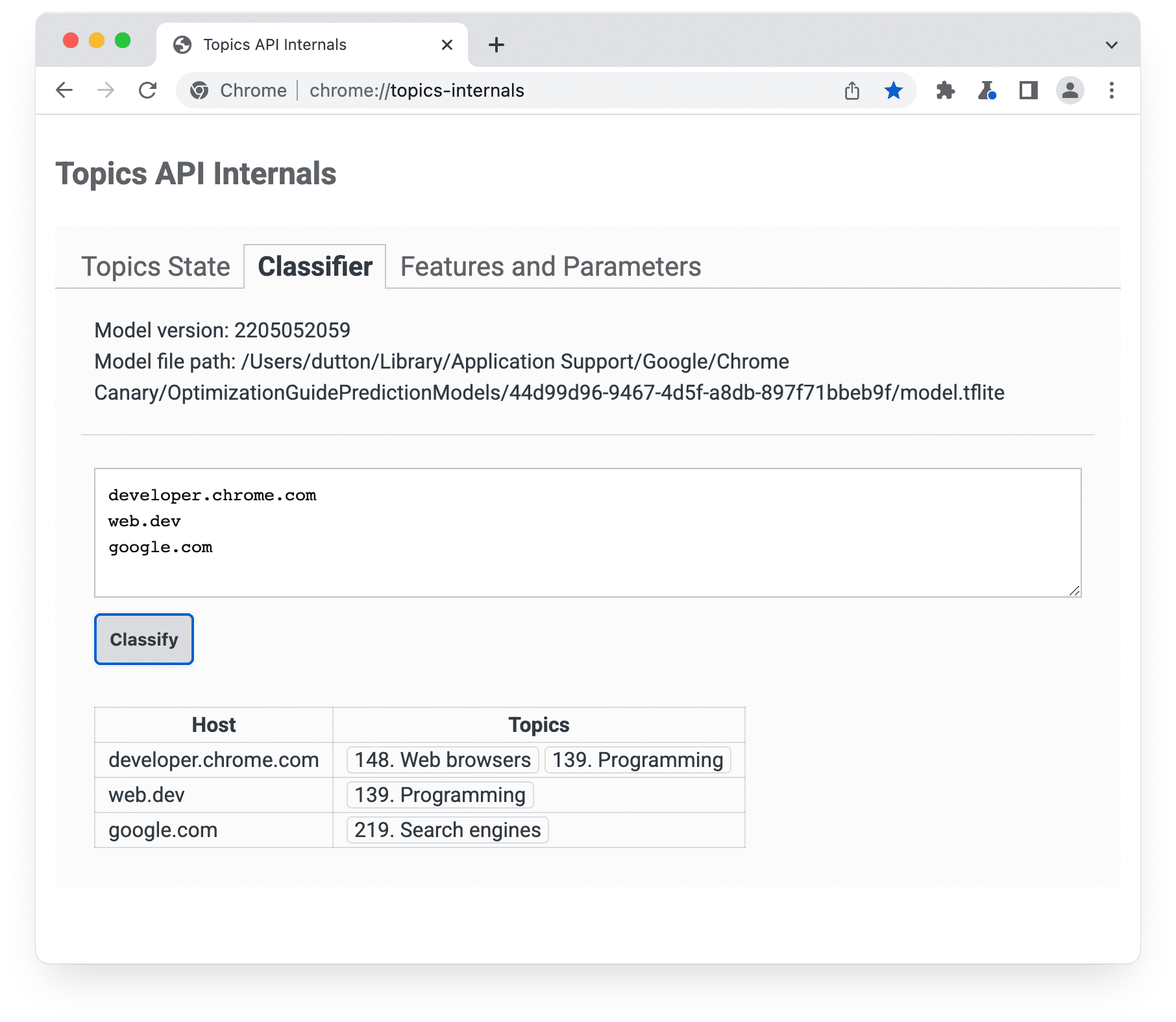 הדף chrome://topics-internals עם חלונית המסווג שנבחרה.