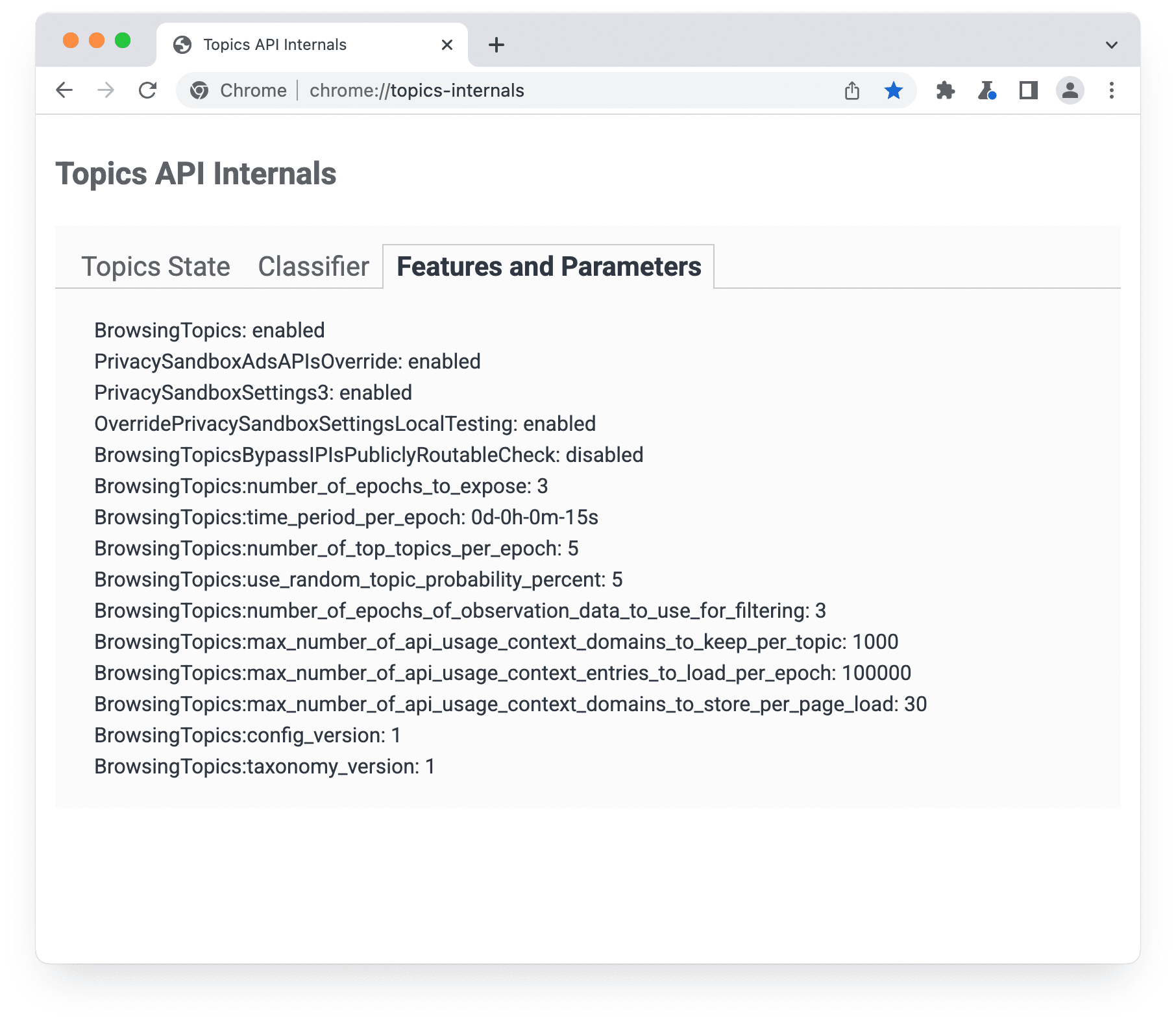 صفحه chrome://topics-internals با پانل ویژگیها و پارامترها انتخاب شده است.