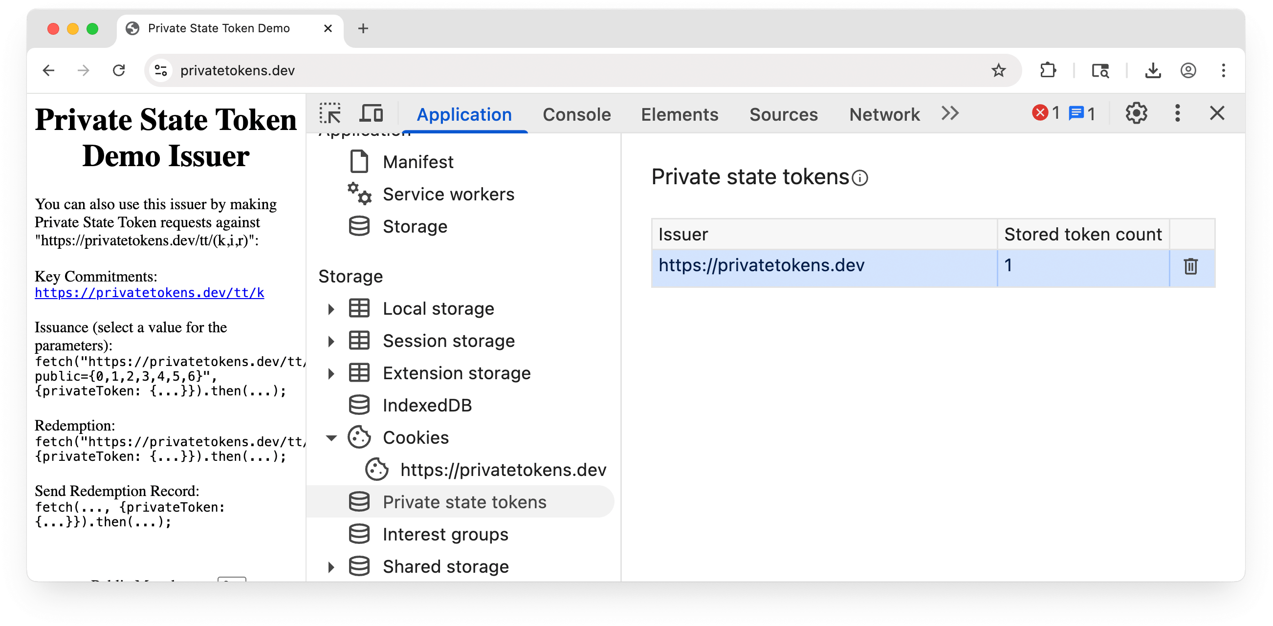 پنل برنامه Chrome DevTools که توکنهای سهام خصوصی ذخیره شده برای privatetokens.dev را نشان میدهد