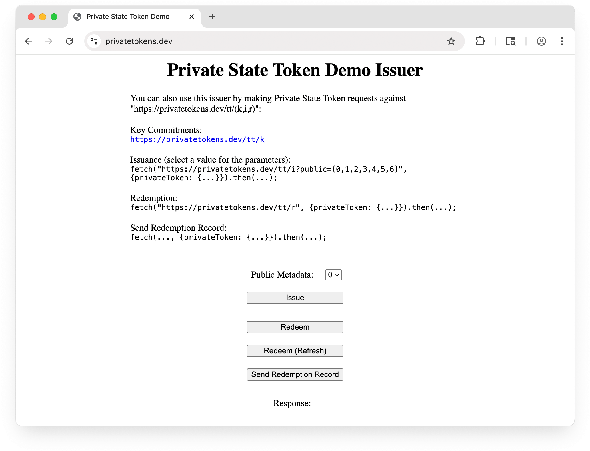 Pagina demo PST all'indirizzo privatetokens.dev