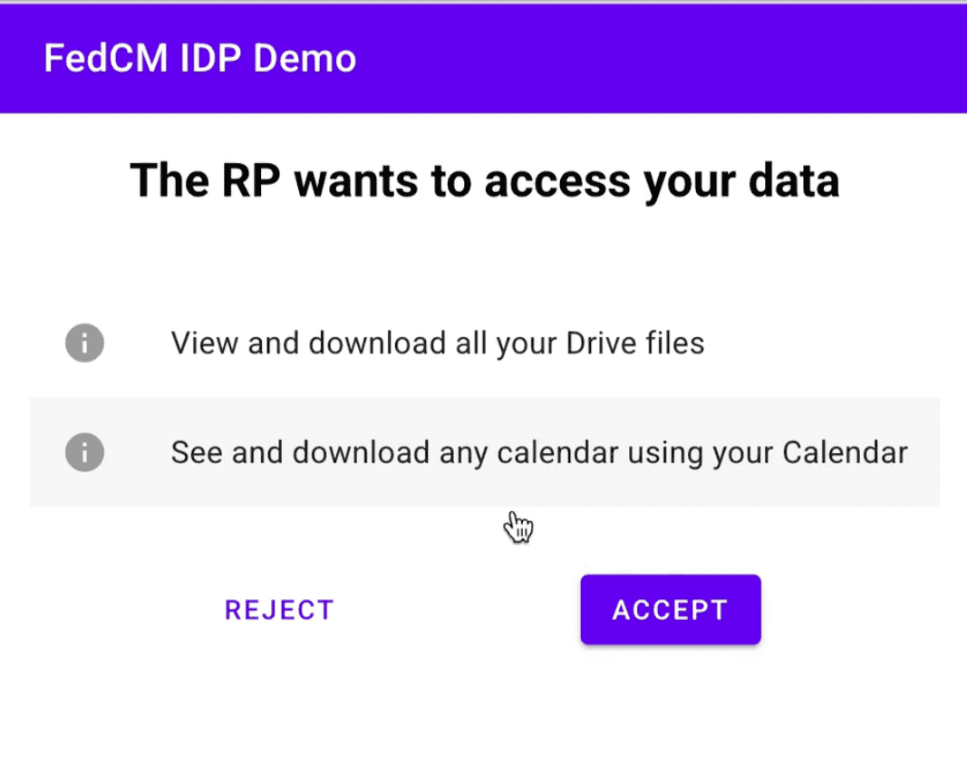 An IdP page showing that to continue the FedCM sign-up, the user must grant additional permissions, in this case, viewing and downloading Drive files and calendar events.
